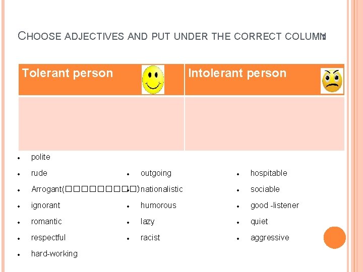 CHOOSE ADJECTIVES AND PUT UNDER THE CORRECT COLUMN: Tolerant person polite rude Intolerant person