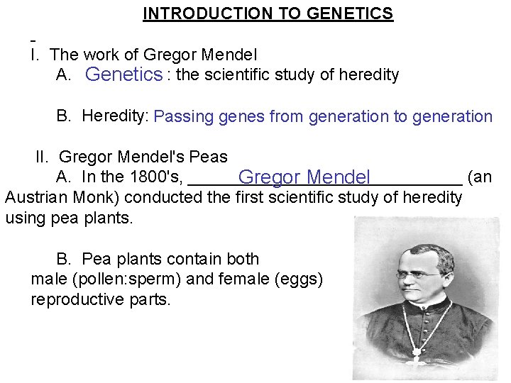 INTRODUCTION TO GENETICS I. The work of Gregor Mendel A. : the scientific study