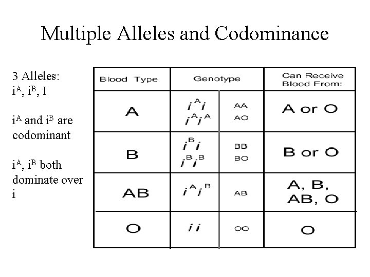 Multiple Alleles and Codominance 3 Alleles: i. A, i. B, I i. A and