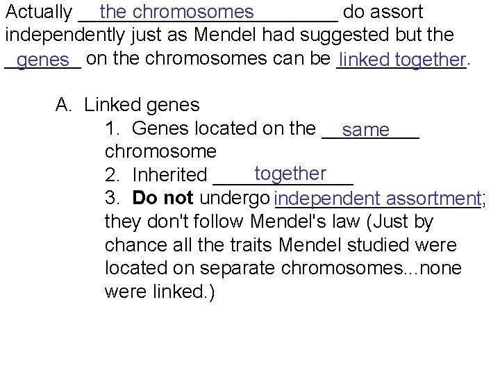 Actually ____________ do assort the chromosomes independently just as Mendel had suggested but the