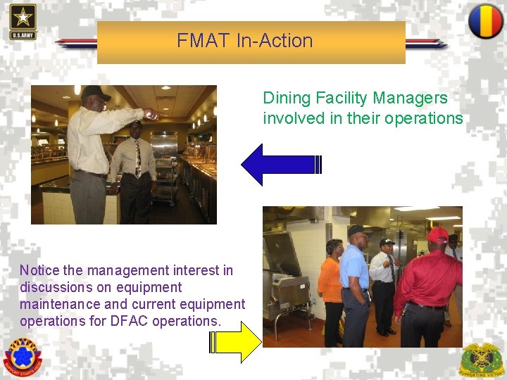 FMAT In-Action Dining Facility Managers involved in their operations Notice the management interest in