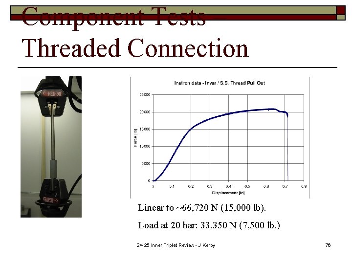 Component Tests – Threaded Connection Linear to ~66, 720 N (15, 000 lb). Load