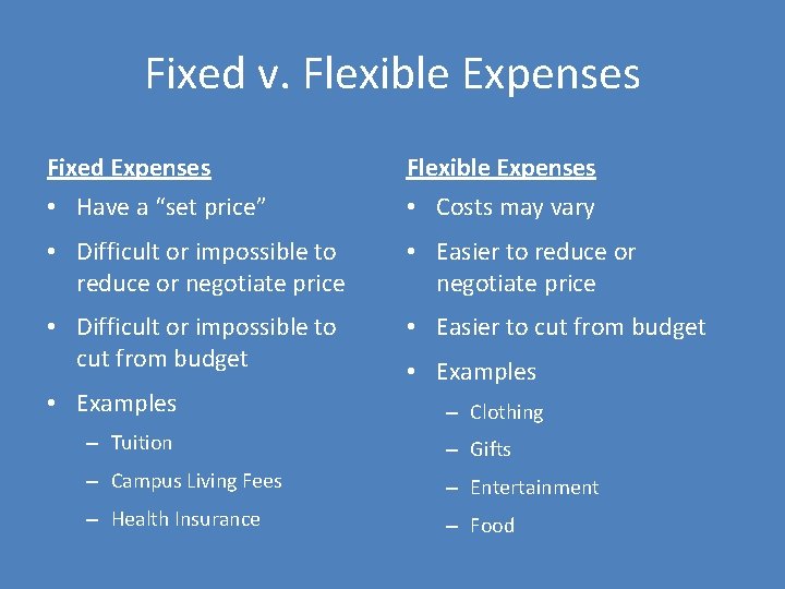 Fixed v. Flexible Expenses Fixed Expenses • Have a “set price” Flexible Expenses •