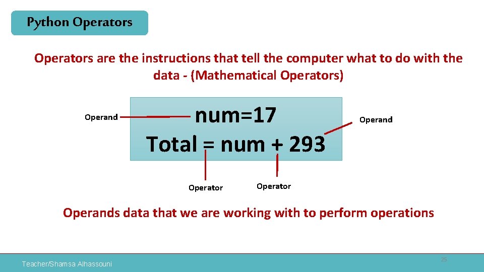 Python Operators are the instructions that tell the computer what to do with the