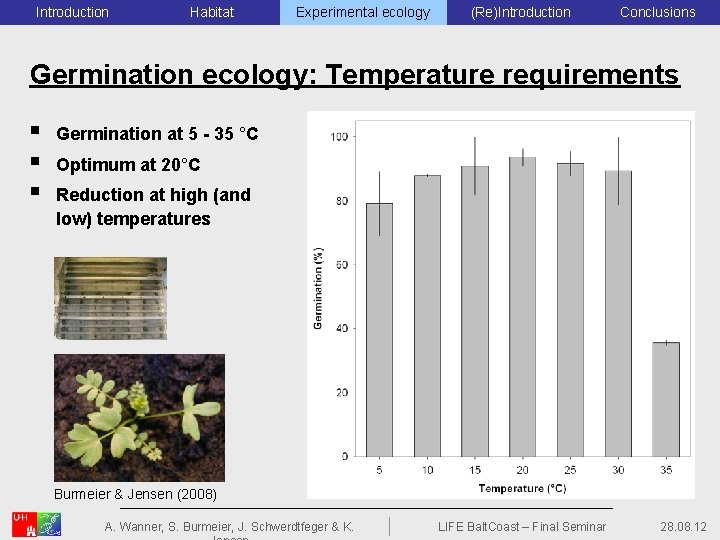 Introduction Habitat Experimental ecology (Re)Introduction Conclusions Germination ecology: Temperature requirements § § § Germination