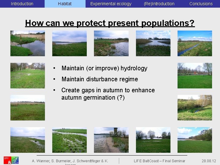 Introduction Habitat Experimental ecology (Re)Introduction Conclusions How can we protect present populations? • Maintain