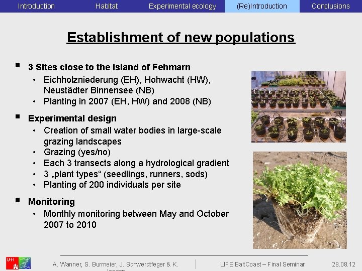 Introduction Habitat Experimental ecology (Re)Introduction Conclusions Establishment of new populations § 3 Sites close