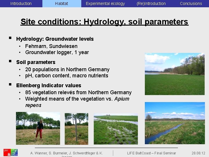 Introduction Habitat Experimental ecology (Re)Introduction Conclusions Site conditions: Hydrology, soil parameters § Hydrology: Groundwater