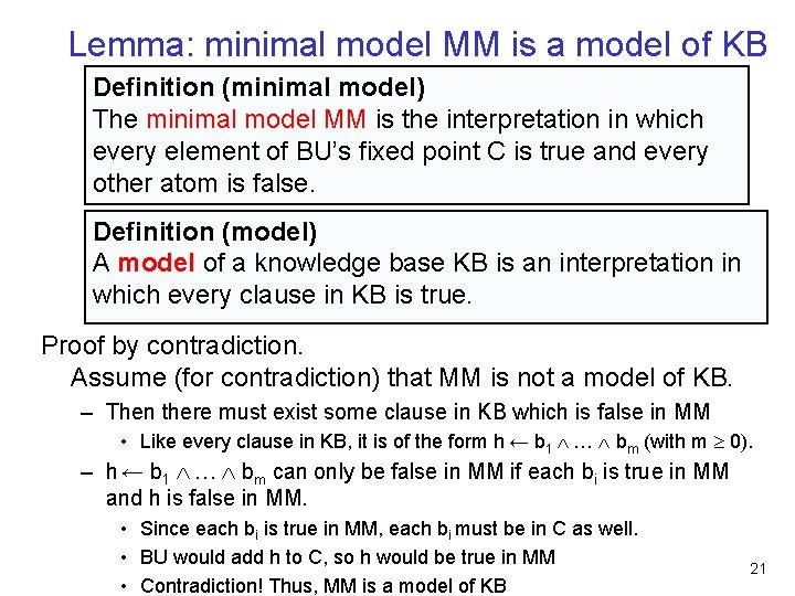 Lemma: minimal model MM is a model of KB Definition (minimal model) The minimal