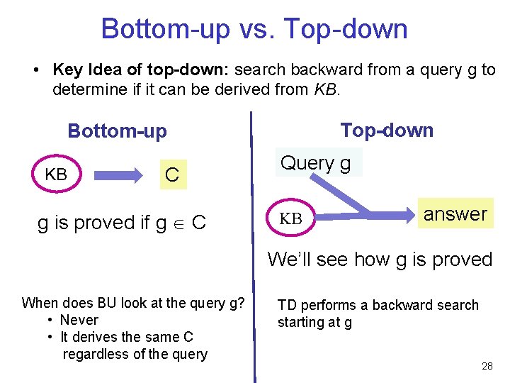Bottom-up vs. Top-down • Key Idea of top-down: search backward from a query g