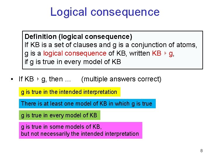 Logical consequence Definition (logical consequence) If KB is a set of clauses and g