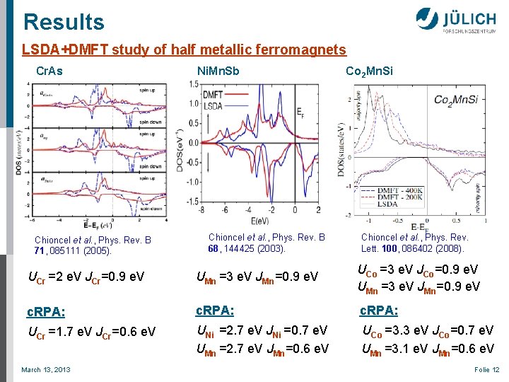 Results LSDA+DMFT study of half metallic ferromagnets Cr. As Chioncel et al. , Phys.