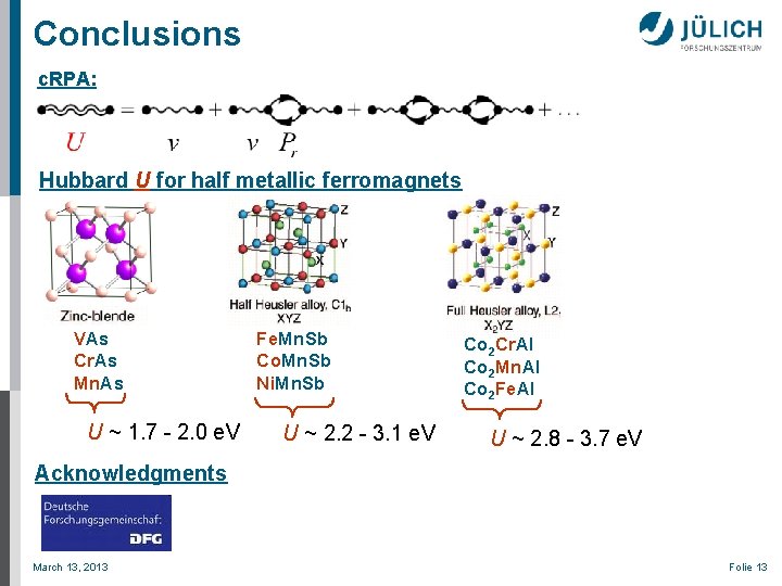 Conclusions c. RPA: Hubbard U for half metallic ferromagnets VAs Cr. As Mn. As