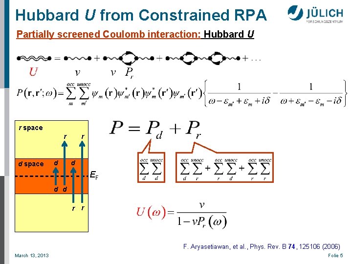 Hubbard U from Constrained RPA Partially screened Coulomb interaction: Hubbard U r space r