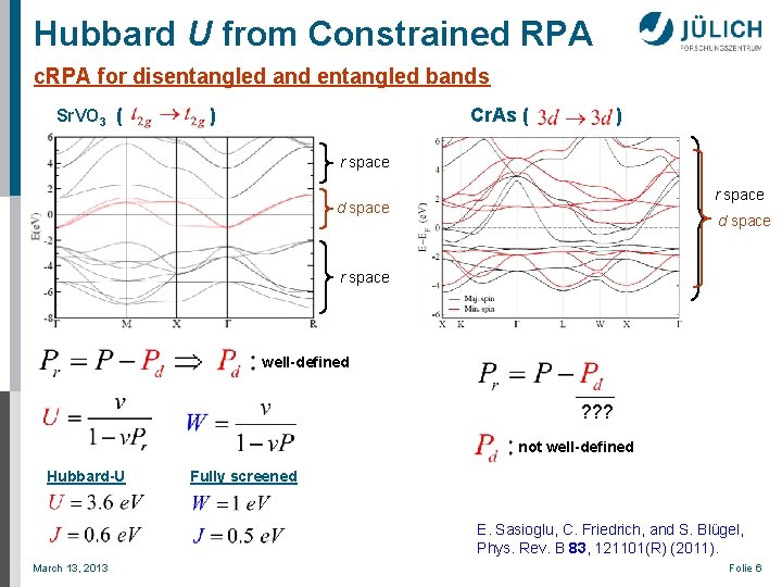 Hubbard U from Constrained RPA c. RPA for disentangled and entangled bands Sr. VO