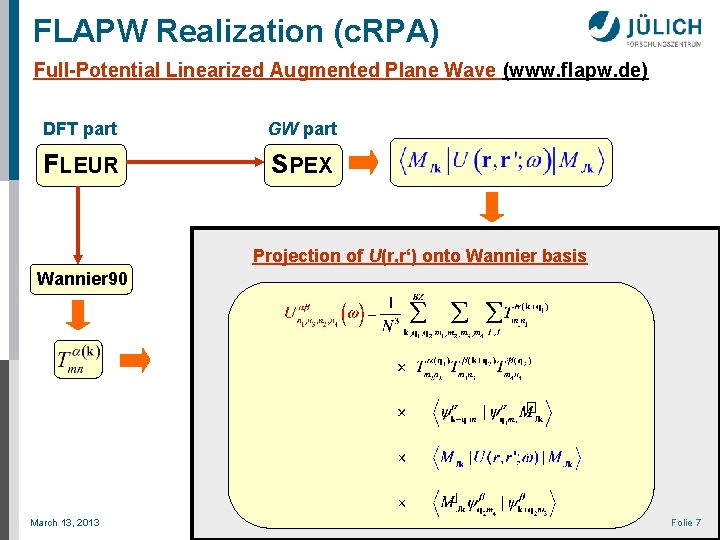 FLAPW Realization (c. RPA) Full-Potential Linearized Augmented Plane Wave (www. flapw. de) DFT part