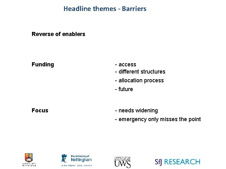 Headline themes - Barriers Reverse of enablers Funding - access - different structures -