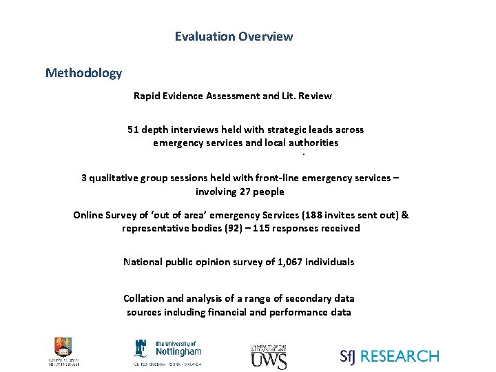 Evaluation Overview Methodology Rapid Evidence Assessment and Lit. Review 51 depth interviews held with