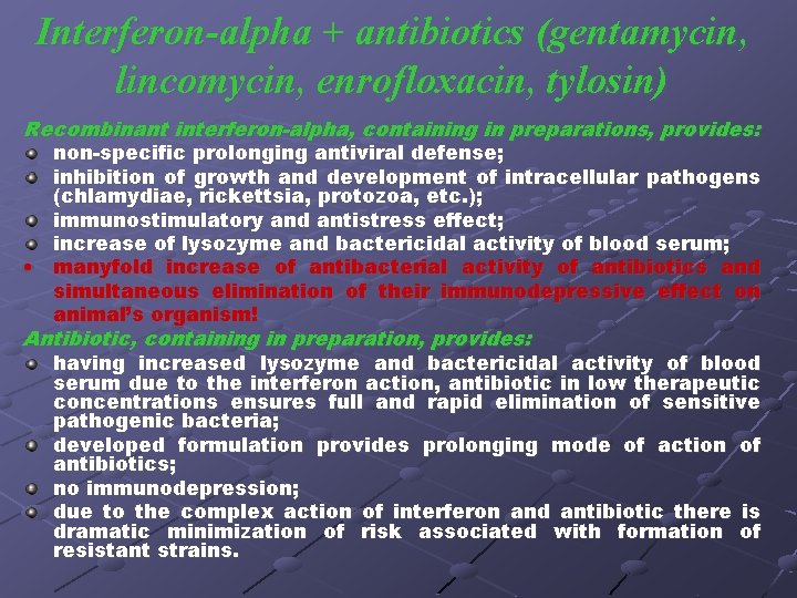 Interferon-alpha + antibiotics (gentamycin, lincomycin, enrofloxacin, tylosin) Recombinant interferon-alpha, containing in preparations, provides: non-specific