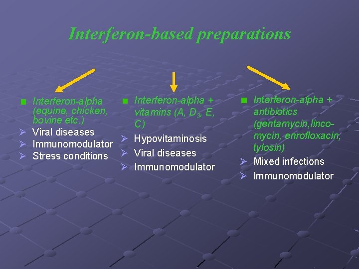 Interferon-based preparations Interferon-alpha + Interferon-alpha (equine, chicken, vitamins (A, D 3, E, bovine etc.
