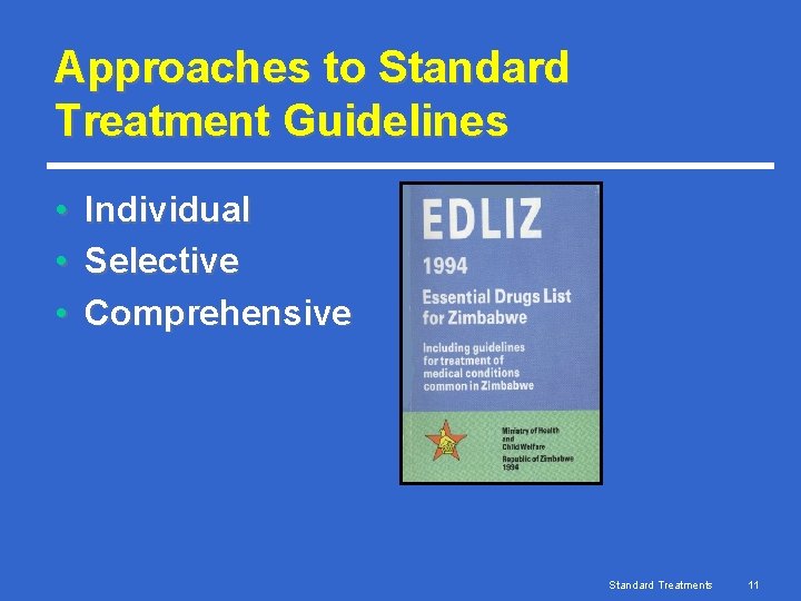 Approaches to Standard Treatment Guidelines • • • Individual Selective Comprehensive Standard Treatments 11