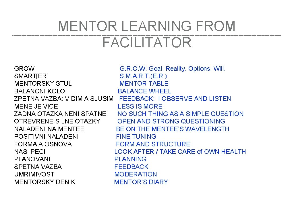 MENTOR LEARNING FROM FACILITATOR GROW G. R. O. W. Goal. Reality. Options. Will. SMART[ER]