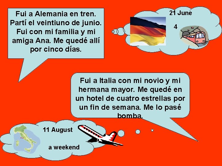 Fui a Alemania en tren. Partí el veintiuno de junio. Fui con mi familia