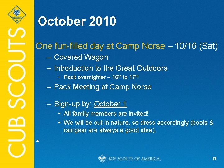 October 2010 One fun-filled day at Camp Norse – 10/16 (Sat) – Covered Wagon