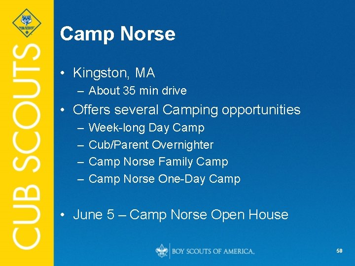 Camp Norse • Kingston, MA – About 35 min drive • Offers several Camping