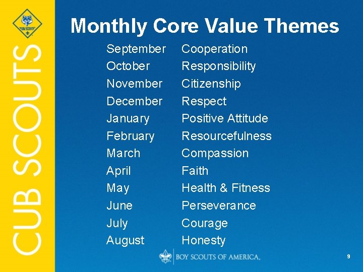 Monthly Core Value Themes September October November December January February March April May June