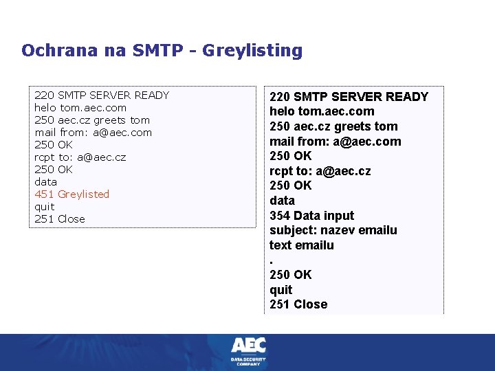 Ochrana na SMTP - Greylisting 220 SMTP SERVER READY helo tom. aec. com 250