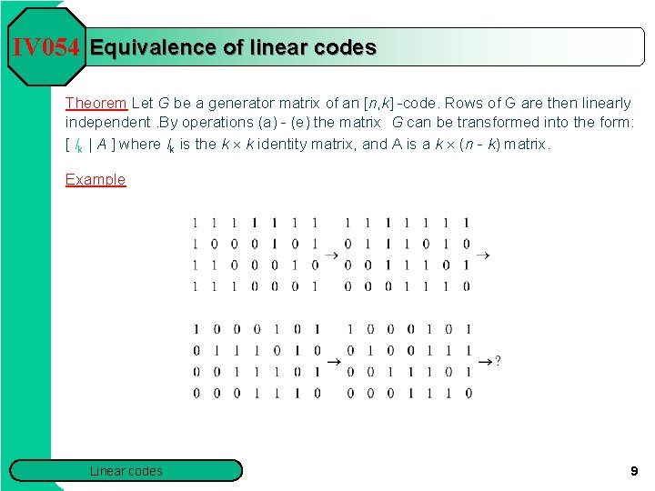 IV 054 Equivalence of linear codes Theorem Let G be a generator matrix of IV 054 Equivalence of linear codes Theorem Let G be a generator matrix of