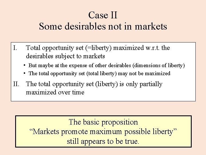 Case II Some desirables not in markets I. Total opportunity set (=liberty) maximized w.