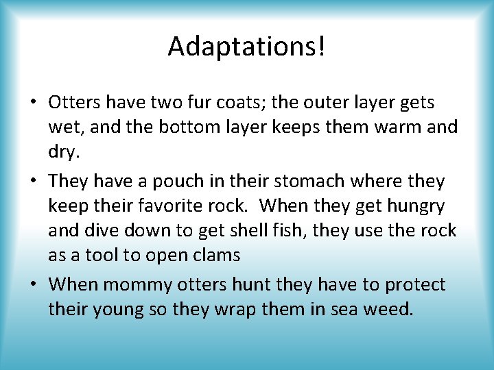 Adaptations! • Otters have two fur coats; the outer layer gets wet, and the