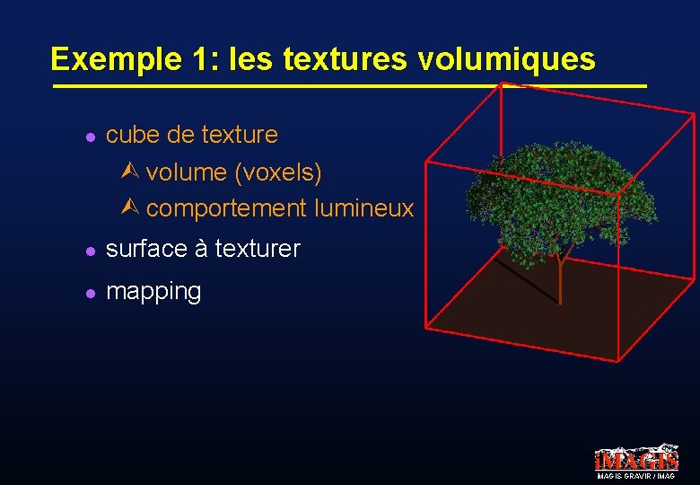 Exemple 1: les textures volumiques l cube de texture Ù volume (voxels) Ù comportement