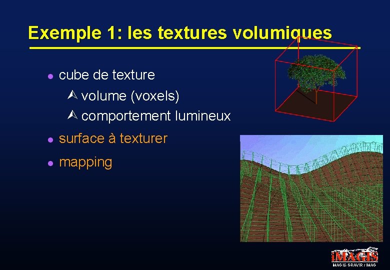 Exemple 1: les textures volumiques l cube de texture Ù volume (voxels) Ù comportement