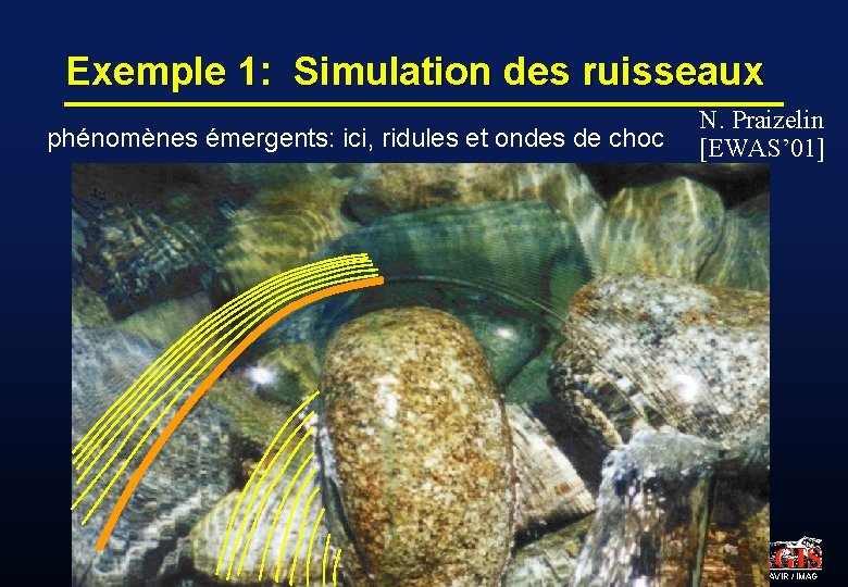 Exemple 1: Simulation des ruisseaux phénomènes émergents: ici, ridules et ondes de choc N.