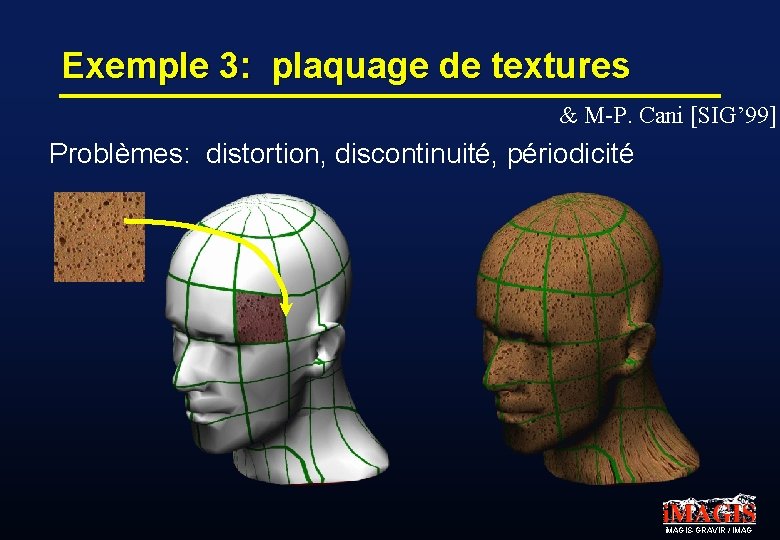 Exemple 3: plaquage de textures & M-P. Cani [SIG’ 99] Problèmes: distortion, discontinuité, périodicité