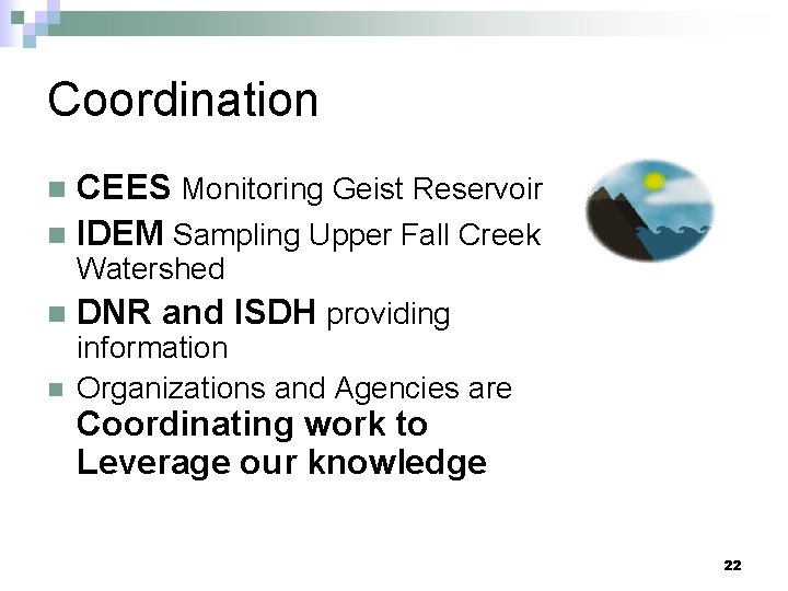 Coordination CEES Monitoring Geist Reservoir n IDEM Sampling Upper Fall Creek n Watershed n