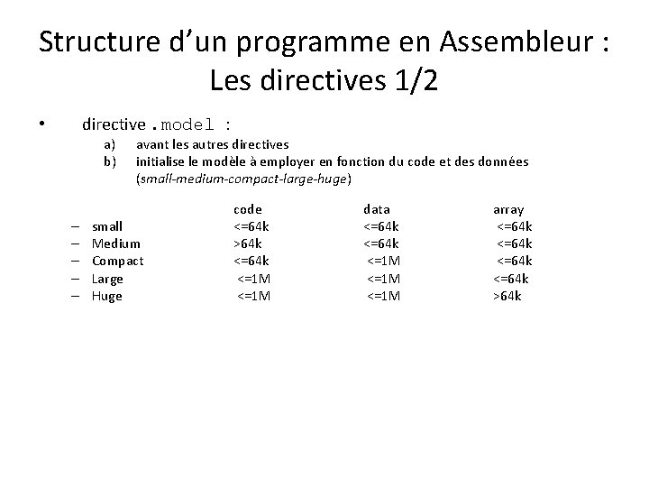 Structure d’un programme en Assembleur : Les directives 1/2 directive. model : • a)