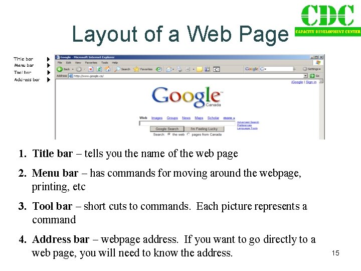 Layout of a Web Page 1. Title bar – tells you the name of