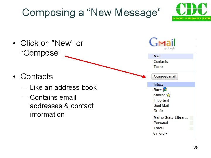 Composing a “New Message” • Click on “New” or “Compose” • Contacts – Like