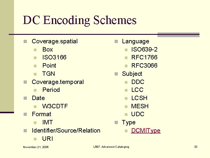 DC Encoding Schemes n Coverage. spatial Box n ISO 3166 n Point n TGN
