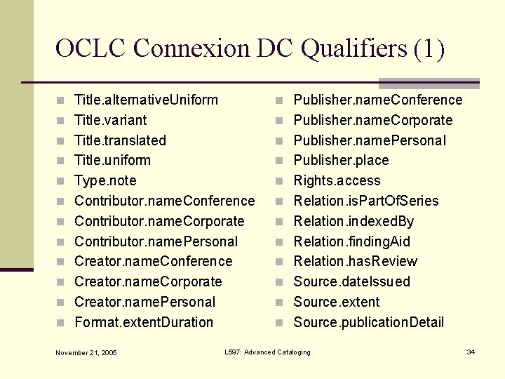 OCLC Connexion DC Qualifiers (1) n Title. alternative. Uniform n Publisher. name. Conference n