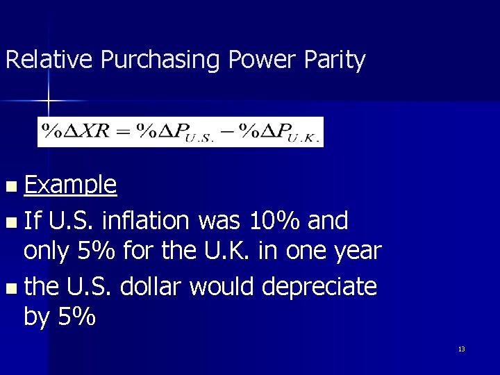 Relative Purchasing Power Parity n Example n If U. S. inflation was 10% and