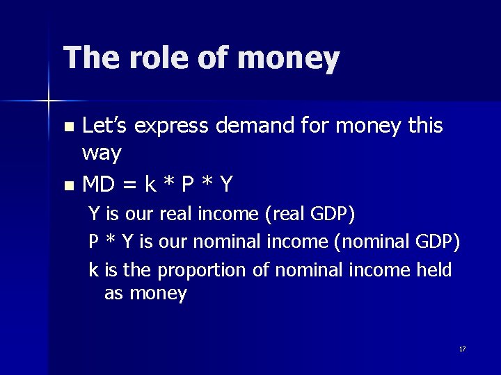 The role of money Let’s express demand for money this way n MD =