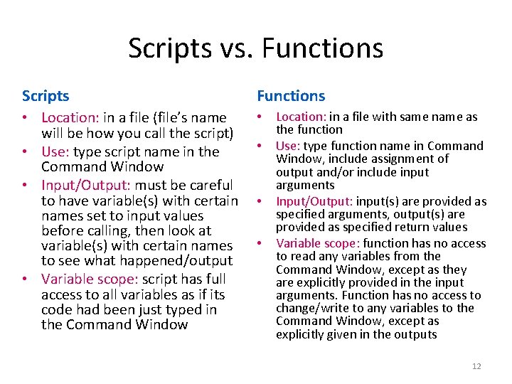 Scripts vs. Functions Scripts Functions • Location: in a file (file’s name will be Scripts vs. Functions Scripts Functions • Location: in a file (file’s name will be