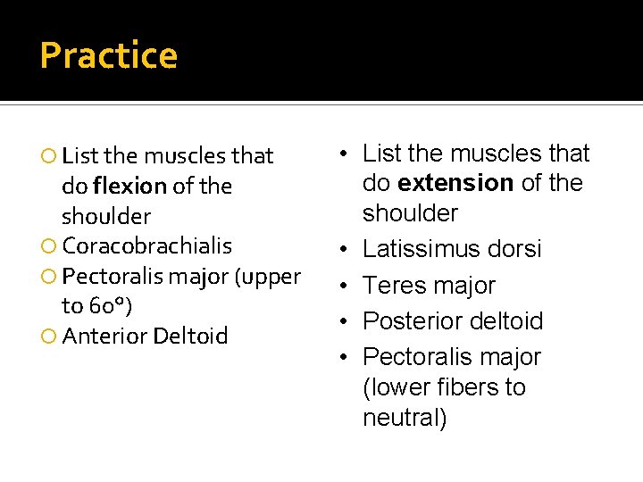 Practice List the muscles that do flexion of the shoulder Coracobrachialis Pectoralis major (upper