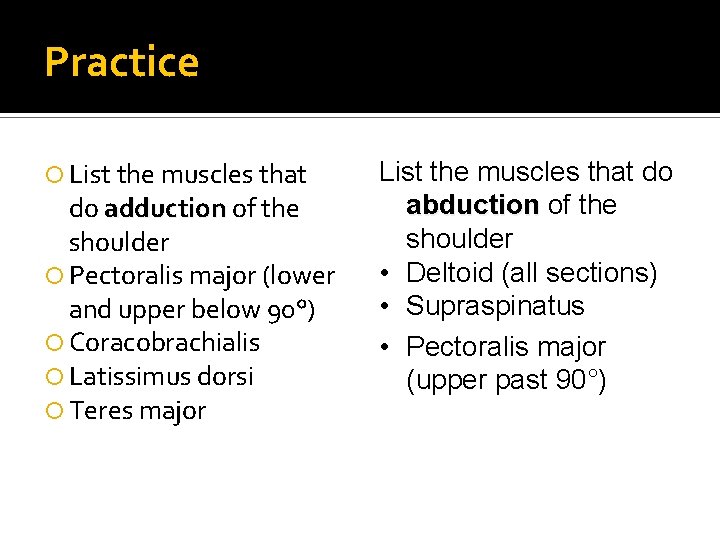 Practice List the muscles that do adduction of the adduction shoulder Pectoralis major (lower