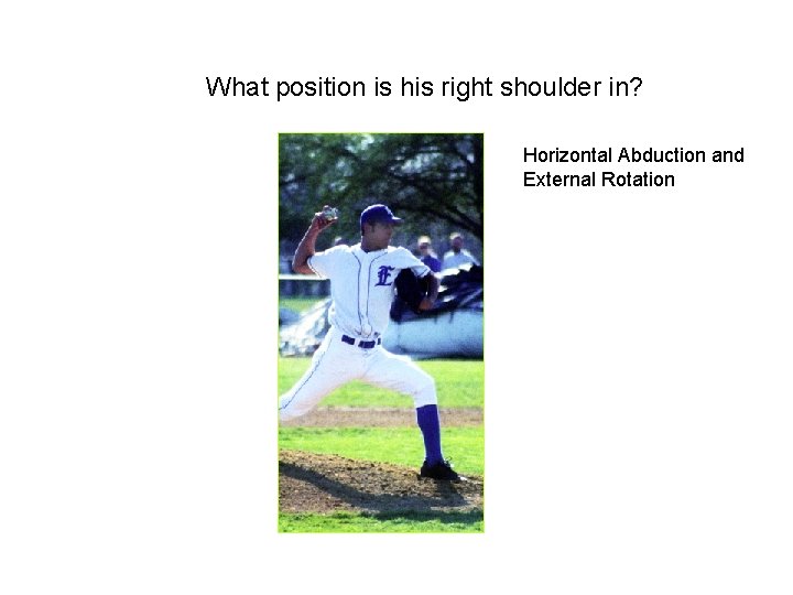 What position is his right shoulder in? Horizontal Abduction and External Rotation 